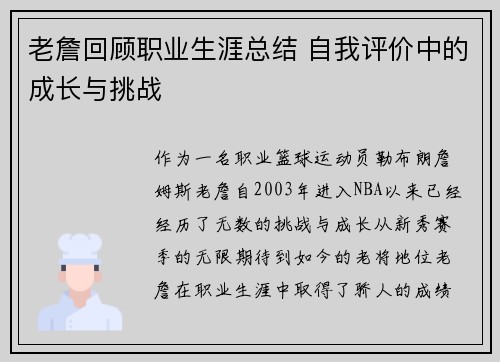 老詹回顾职业生涯总结 自我评价中的成长与挑战